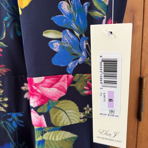 NWT Eliza J Navy Floral Print Chiffon High/Low Halter Midi Dress - Picture 13 of 14